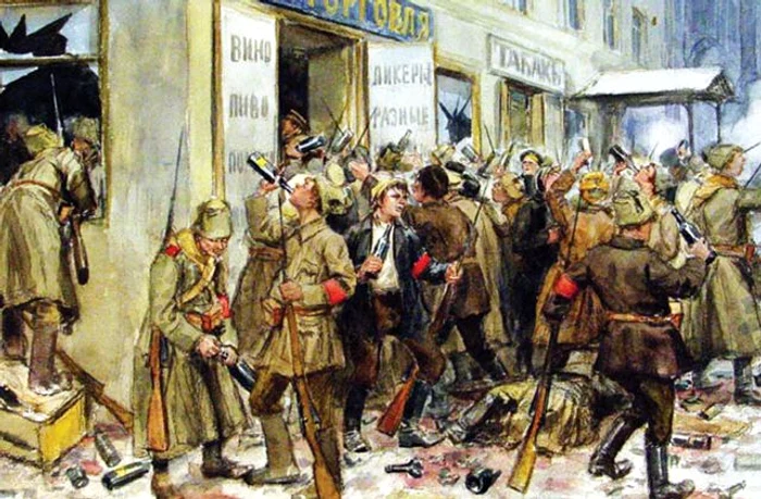 O pictură de epocă înfăţişând o scenă de la aşa-numitele „acţiuni revoluţionare” din anul 1917, care presupuneau, de fapt, devastarea magazinelor şi a depozitelor vinicole