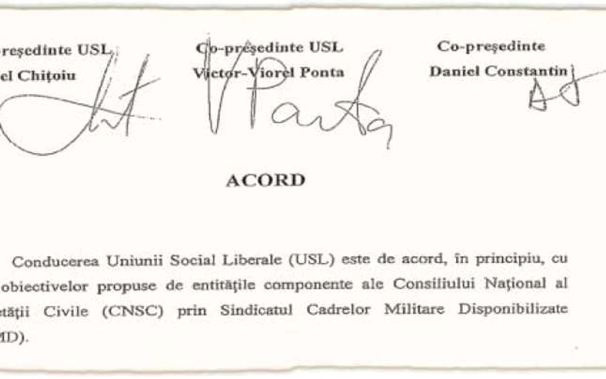 Primele pagini ale acordului, unde apar semnăturile liderilor USL şi „obiectivele imediate“ precum desfiinţarea Curţii Constituţionale şi Direcţiei Naţionale Anticorupţie