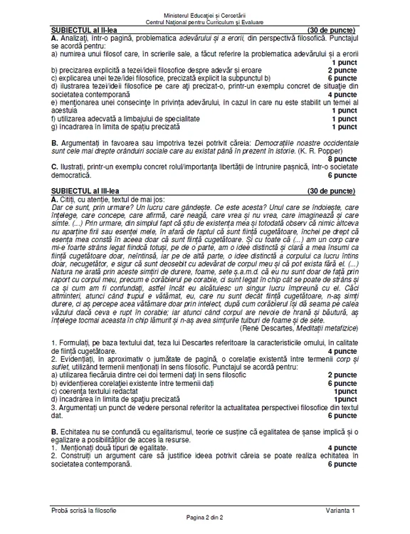 Subiectele la Filosofie. FOTO edu.ro