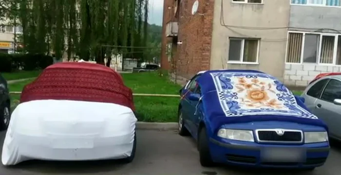 
    Autoturismele localnicilor aunt blindate cu pături și covoare (foto: captură digi24.ro)  