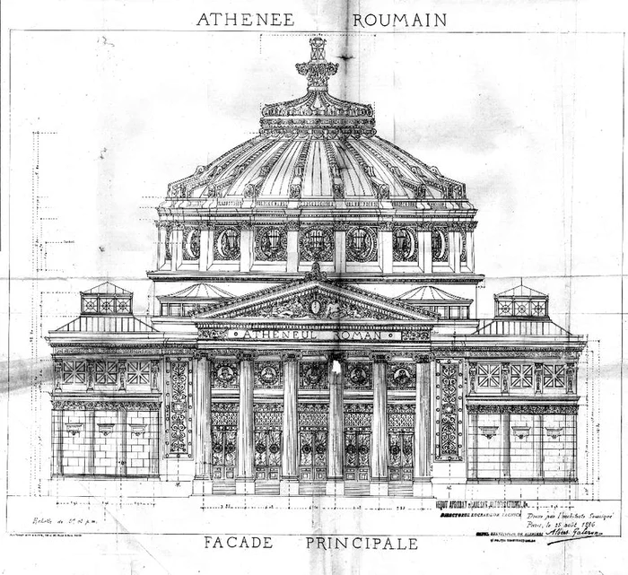 Faţada Ateneului Român. Schiţă a arhitectului Albert Galleron (1886)