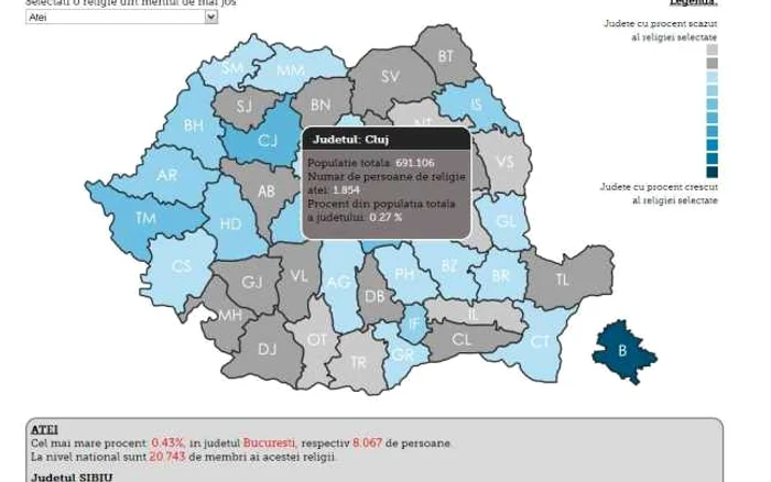 Clujul, al doilea oraş din ţară unde trăiesc cei mai mulţi atei FOTO: printscreen harta incont.ro