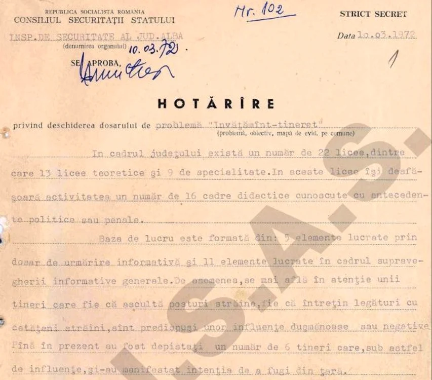 Hotărârea privind deschiderea dosarului „tineret-învățământ” FOTO arhiva CNSAS