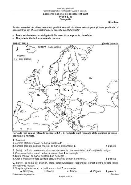 Simulare Bacalaureat 2024. Proba la alegere. Subiectele la geografie