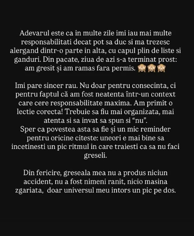 Mesajul publicat de Adelina Pestrițu / foto: Instagram