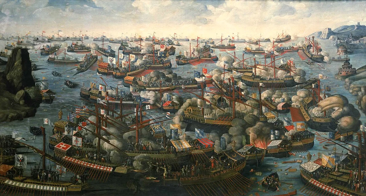 Bătălia de la Lepanto. Pictură din secolul al XVI-lea aflată la National Maritime Museum din Londra 