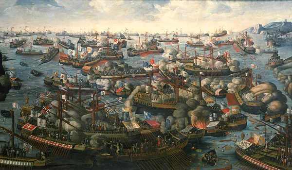 Bătălia de la Lepanto. Pictură din secolul al XVI-lea aflată la National Maritime Museum din Londra 