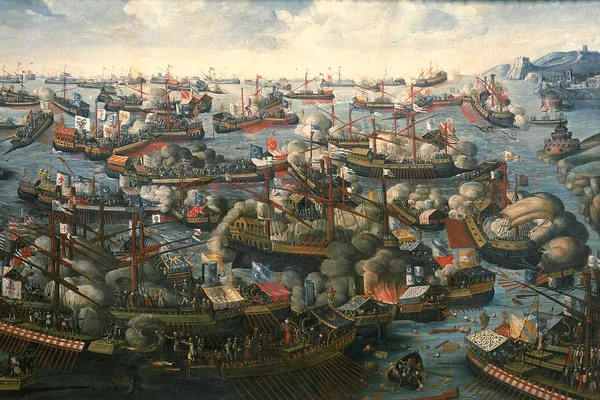 Bătălia de la Lepanto. Pictură din secolul al XVI-lea aflată la National Maritime Museum din Londra 