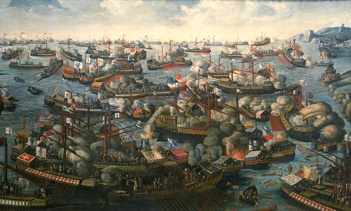 Bătălia de la Lepanto. Pictură din secolul al XVI-lea aflată la National Maritime Museum din Londra 