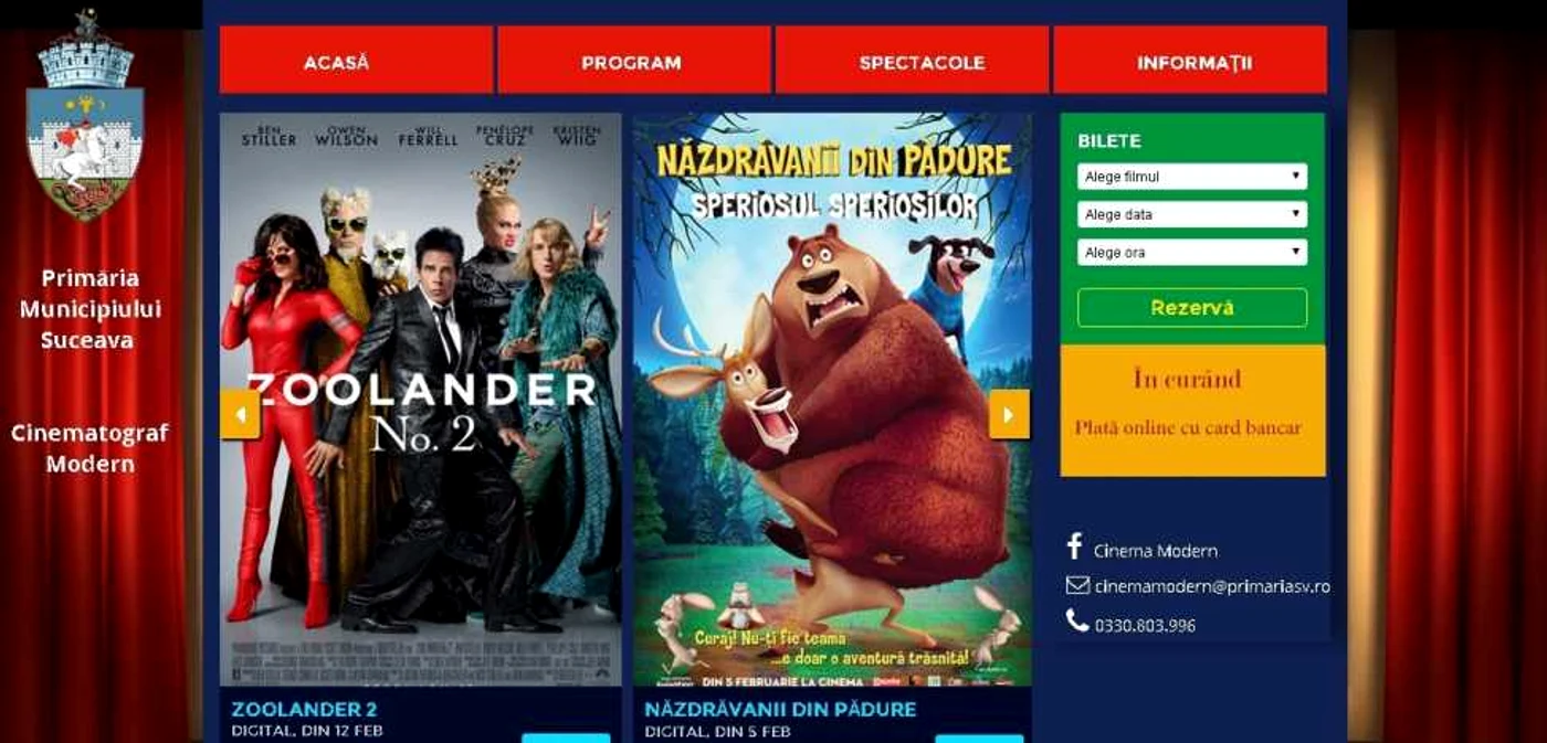 Site-ul de 60.000 de lei al Cinematografului Modern din Suceava. FOTO: www.cinemamodersuceava.ro