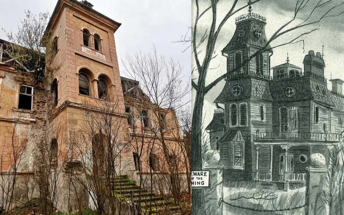 Colaj:  Castelul Nalați Fay și ilustrată cu casa familiei Addams, Foto Daniel Guță / Wikipedia.