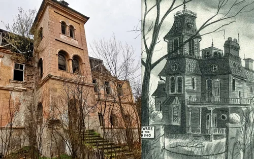 Colaj Castelul Nalați Fay și ilustrată cu casa familiei Addams, Foto Daniel Guță Wikipedia jpg