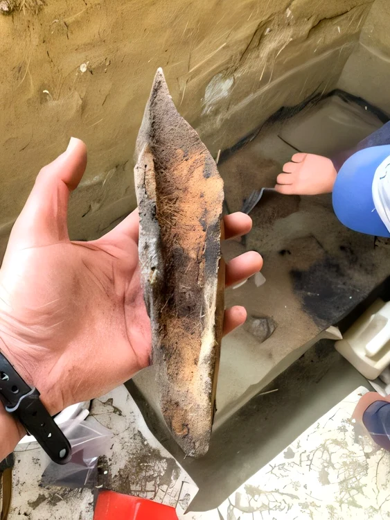 Os de bizon de stepă descoperit la Shég' Xdaltth'i', cu un cuptor cu vatră excavat în fundal 
