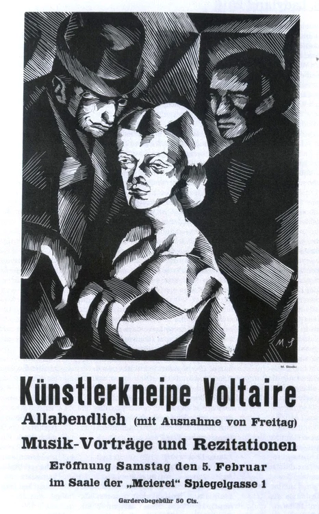 „Cabaret Voltaire“, afiul reprezentației din 5 februarie 1916, realizat de Marcel Slodki (1892, Lodz-1943, Auschwitz)