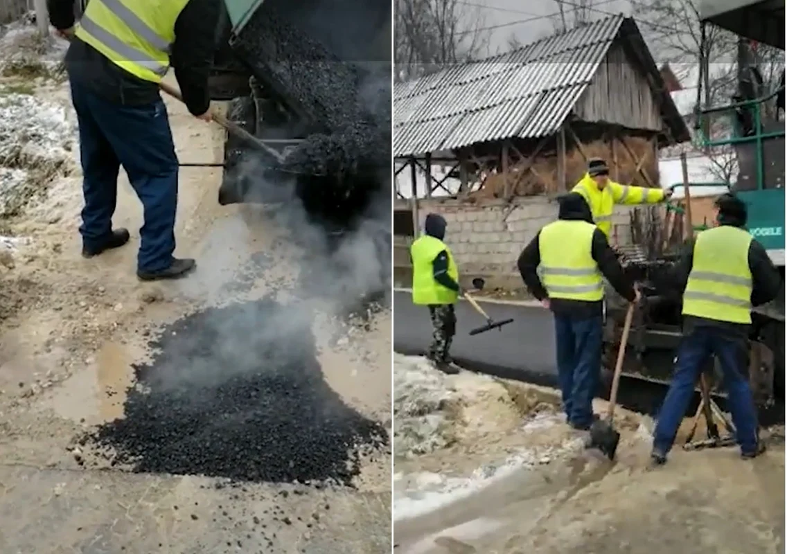 Asfalt turnat peste zăpadă şi noroi în Mateeşti - Vâlcea în timp ce afară ninge Foto colaj captură video