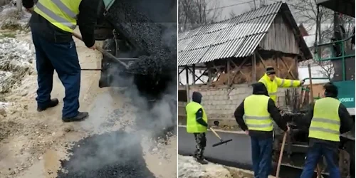 Asfalt turnat peste zăpadă şi noroi în Mateeşti - Vâlcea în timp ce afară ninge Foto colaj captură video