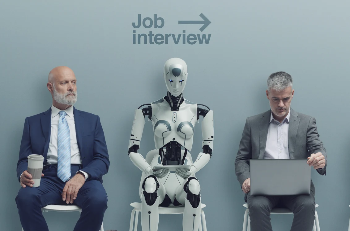 Doi bărbați și un robot umanoid în anticamera pentru un interviu de angajare