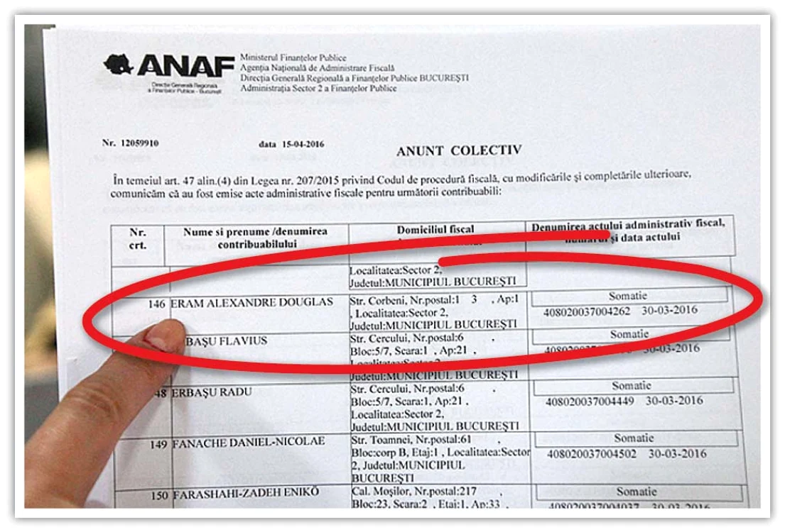 Numele lui Alexandre Eram apare pe lista ANAF la pozitia 146