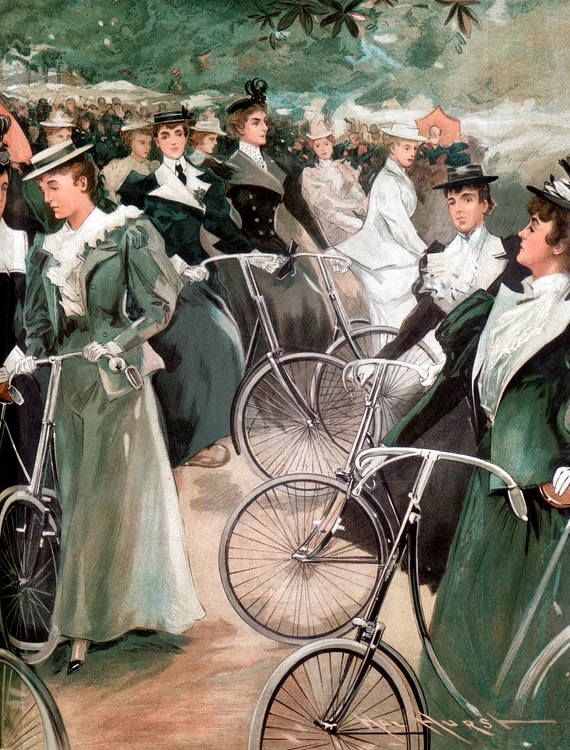 Doamne din înalta societate, cu bicicletele în Hyde Park; ilustraţie din „Vanity Fair”, iunie 1896