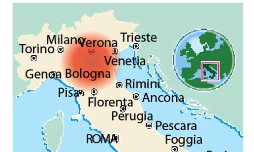 Italia a fost zguduită  de un cutremur  cu magnitudinea 6 pe scara Richter, cu  epicentrul la circa 36  de kilometri de Bologna   Potrivit geologilor,  seismul s a produs  la o adâncime de  5,1 kilometri jpeg