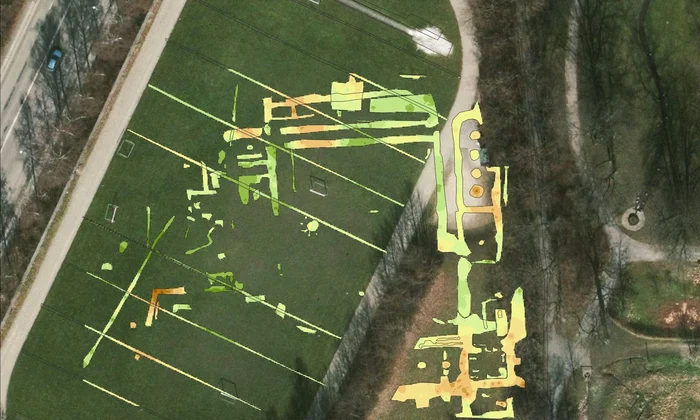 Rezultatele obținute de radarul de penetrare a solului (GPR) suprapuse peste o fotografie a terenului (© Norsk institutt for kulturminneforskning / NIKU)