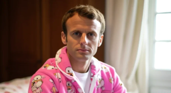 O fotografie falsă îl prezintă pe Macron în pijama roz și este titrată astfel: „pregătit de război”.