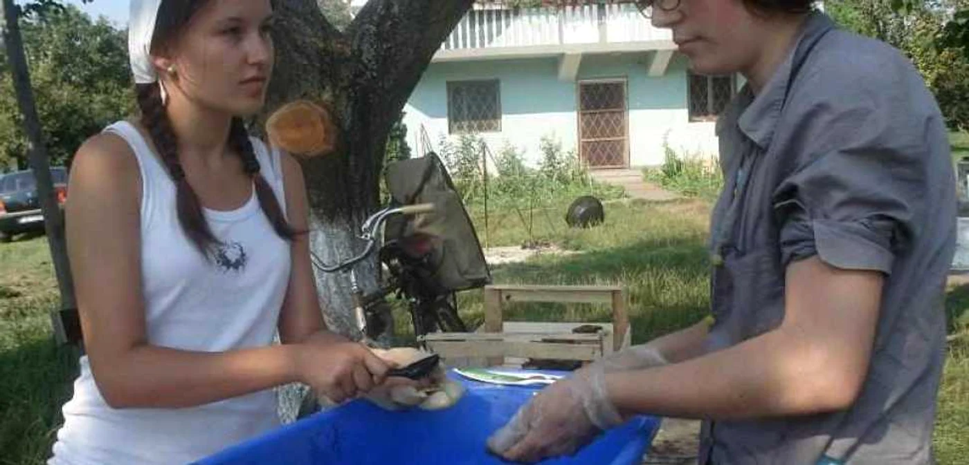 Dana Mone, foto dreapta, alături de colega ei Bianca Petruţ, spală obiectele din os descoperite la Bobald