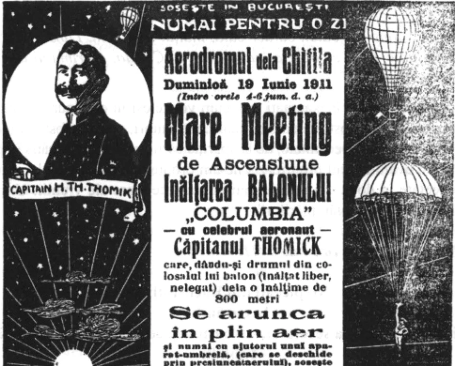 Saltul cun paraşuta a fost anunţat în presa vremii ca un eveniment important