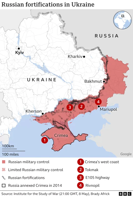 Fortificații construite de Rusia în patru puncte cheie ale teritoriului ucrianean FOTO via BBC