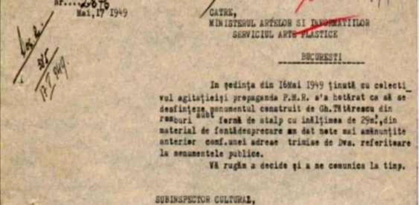Documentul prin care s-a solicitat prima dată demolarea Coloanei lui Brâncuşi