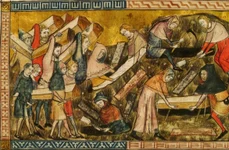 Victime ale epidemiei de ciumă îngropate în Franța secolului al XIV-lea. Miniatură de Pierart dou Tielt (© Wikimedia Commons)