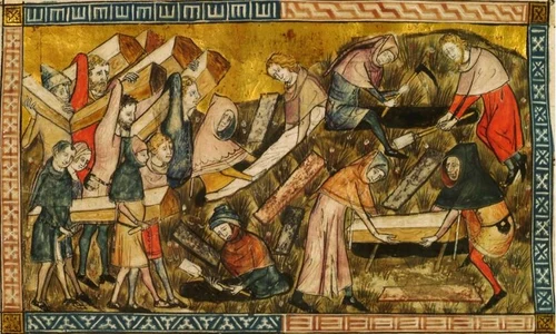 Victime ale epidemiei de ciumă îngropate în Franța secolului al XIV-lea. Miniatură de Pierart dou Tielt (© Wikimedia Commons)