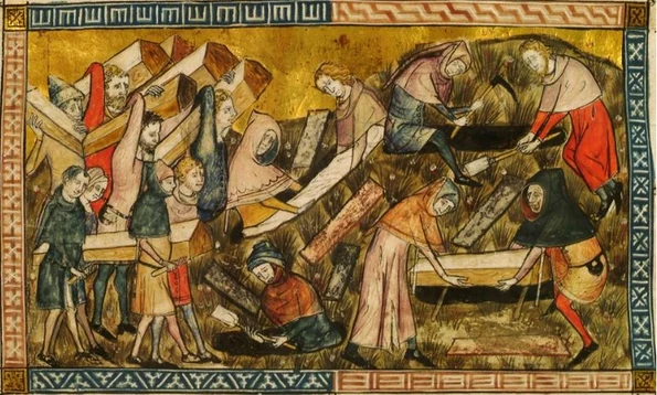 Victime ale epidemiei de ciumă îngropate în Franța secolului al XIV-lea. Miniatură de Pierart dou Tielt (© Wikimedia Commons)