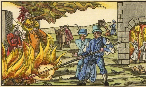Vrăjitoare care ard pe rug în Derenburg, comitatul Reinstein. Desen din 1555