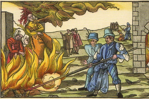 Vrăjitoare care ard pe rug în Derenburg, comitatul Reinstein. Desen din 1555