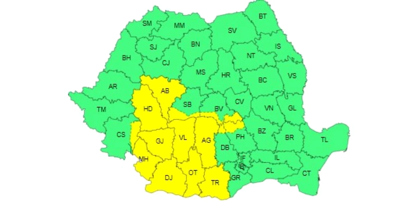 Harta județelor afectate de vremea rea.