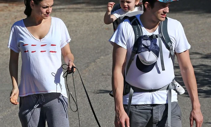 Exclusive    Pregnant Mila Kunis, Ashton Kutcher, & Daughter Wyatt Out Walking Their Dogs jpeg