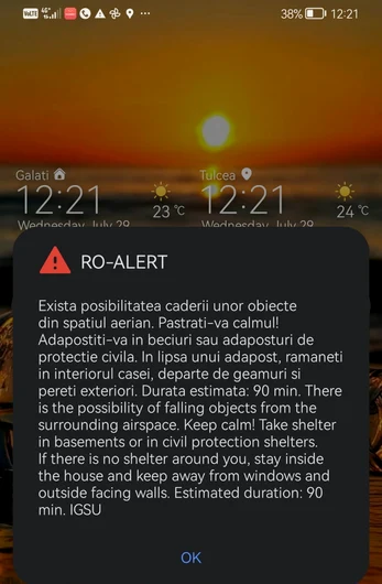 Al doilea mesaj RO-Alert primit de populație miercuri, 29 iulie. FOTO: captură ecran