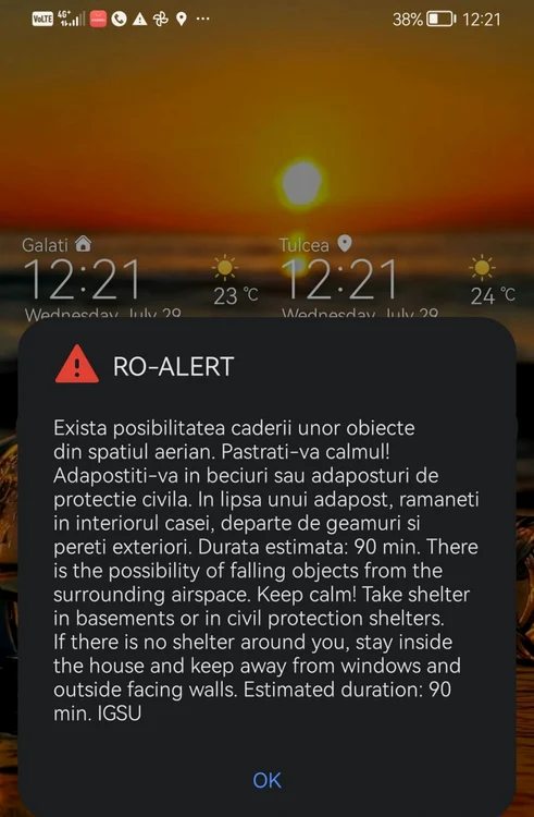 Al doilea mesaj RO-Alert primit de populație miercuri, 29 iulie. FOTO: captură ecran