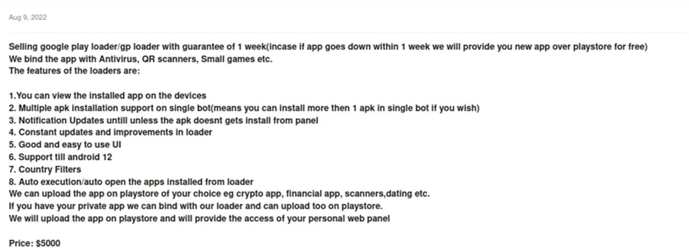 Exemplu de ofertă pentru o aplicație rău intenționată pe Google Play