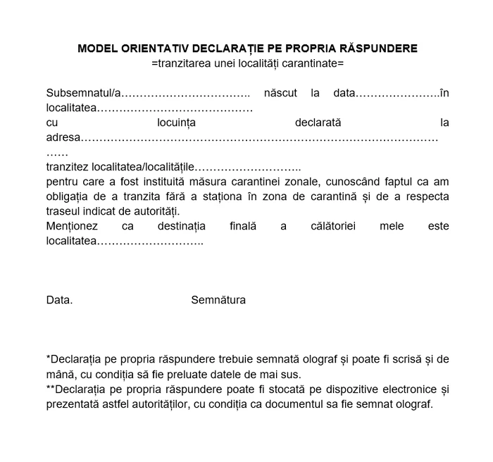Model de declarație pe proprie răspundere pentru tranzitarea unei localități aflate în carantină