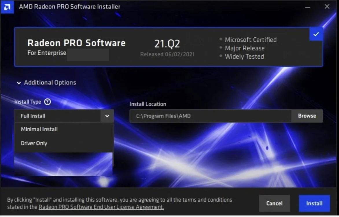 Instalare driver AMD Radeon PRO Software Enterprise 21.Q2.