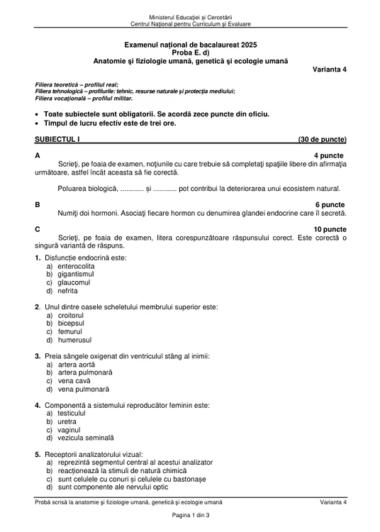 Bacalaureat 2025 - sesiunea de toamnă. Elevii au susținut proba la alegere a profilului. Subiecte și bareme de corectare 1 Subiectele BAC Anatomie și fiziologie umană, genetică și ecologie umană, sesiunea august 2025