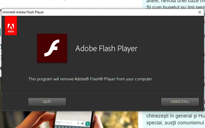 Dezinstalare Adobe Flash Player.