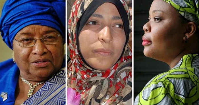 Ellen Johnson-Sirleaf (stânga.), Tawakkul Karman (mijloc) si Leymah Gbowee