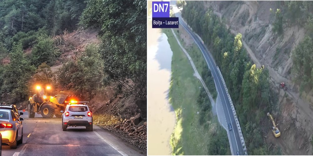 Alertă pe Valea Oltului - risc ridicat de căderi de bolovani, după ce o mașină a fost lovită de un pietroi VIDEO