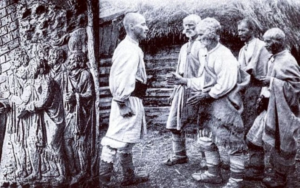 O reprezentare din 1912, cu români din satul Lunca Cernii, a dacilor. Foto: Romulus Vuia. 