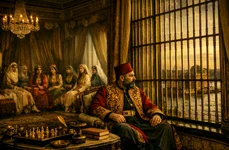 imaginea panoramică o pot reda cu mai multe dintre soțiile lui Murad V, pentru a surprinde întreaga atmosferă a haremului captiv din Palatul Çırağan   imagine generată cu AI png