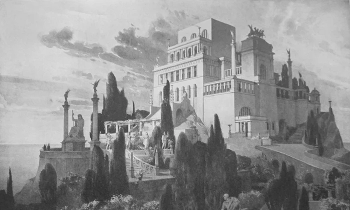 Villa Jovis, construită de împăratul Tiberius pe insula Capri. Reconstrucție de Carl Weichardt (© Wikimedia Commons)
