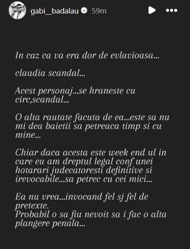 Mesajul publicat de Gabi Bădălău pe pagina sa de Instagram